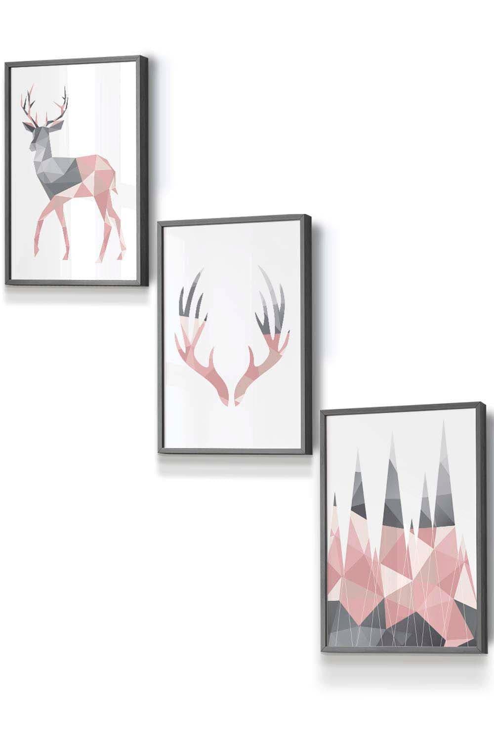 Geometric Blush Pink Grey Stags Set Framed Wall Art - Small